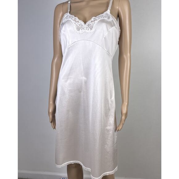 Vintage Adonna Full Slip ILGWU Union USA Off White Lace Nylon Ribbon Straps - Picture 1 of 8
